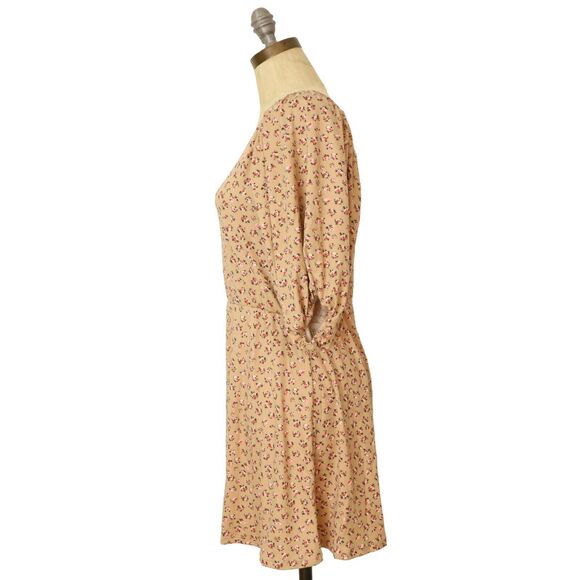 VELVET TORCH Puff Sleeve Mini Dress S Sage Ditsy Floral Print Light Brown NWT A4 - Picture 4 of 5